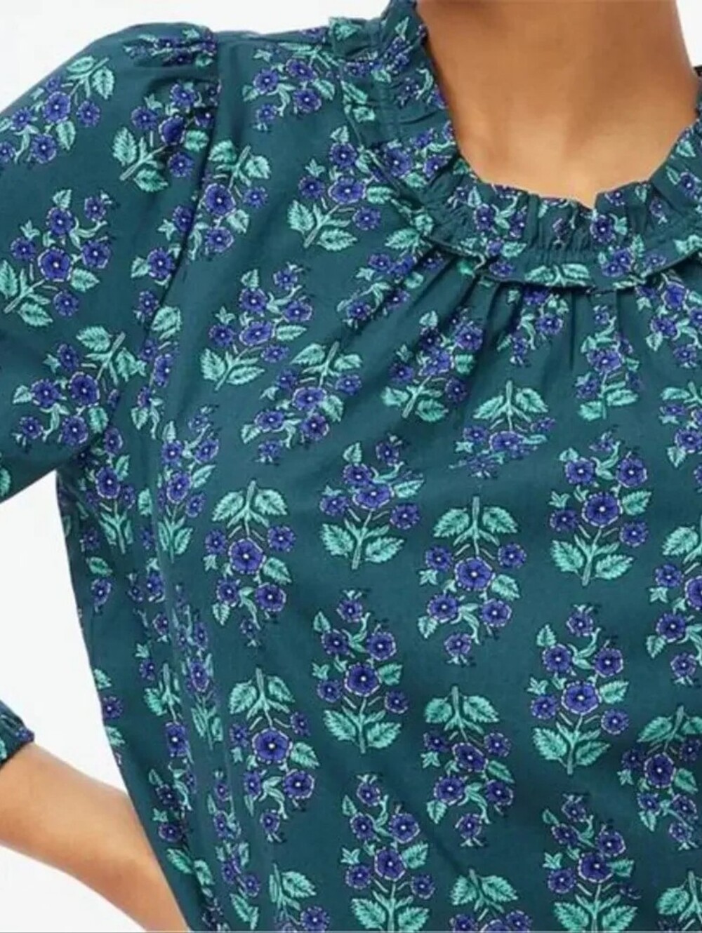 NWT J CREW Teal Floral Print Ruffleneck Cotton Poplin Blouse